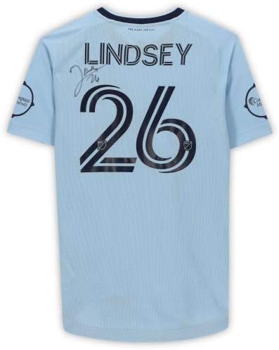 Keretes Jaylin Lindsey Sporting Kansas City Dedikált Match-Használt 26 Kék meze a 2020 MLS-Szezon - Dedikált Foci Mezek